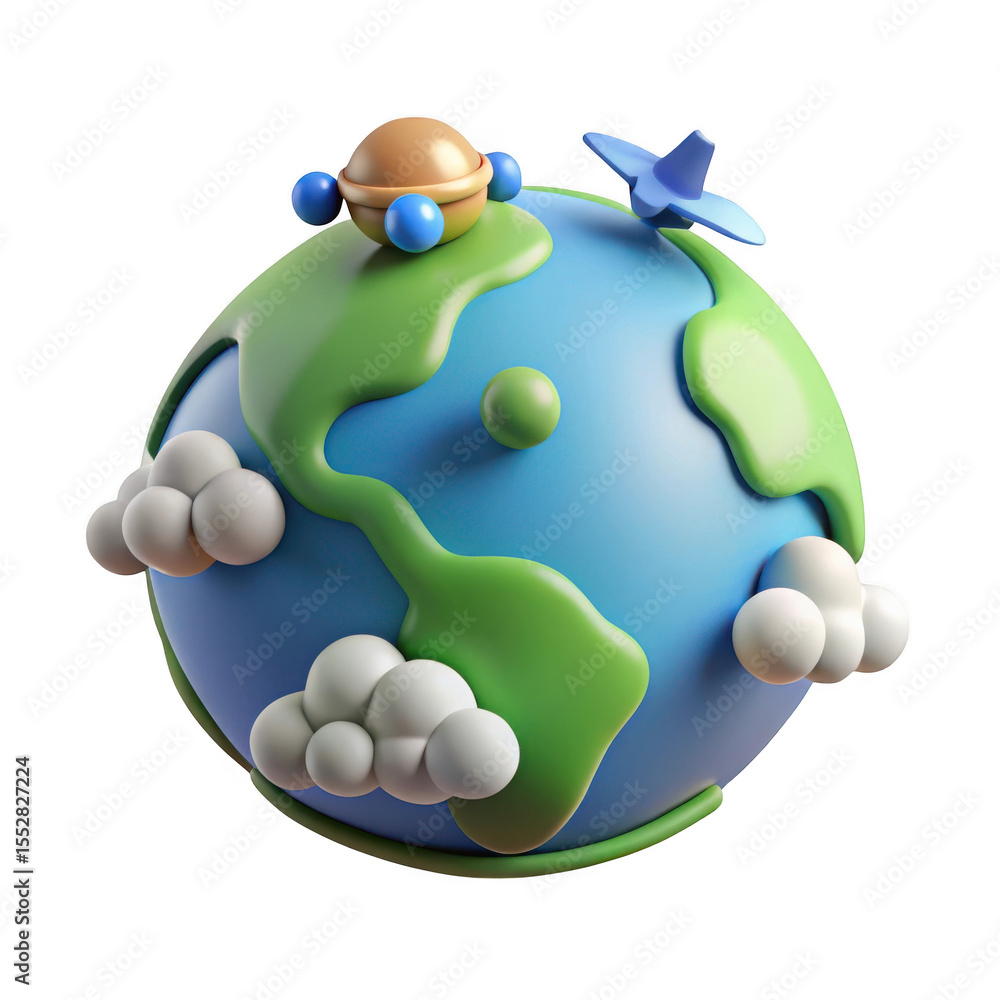 Fototapeta premium Stylized 3d cartoon globe with clouds a spaceship and an airplane flying around the planet
