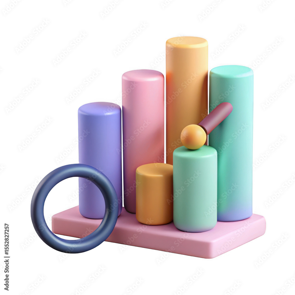 Abstract 3d geometric shapes in pastel colors arranged like a bar chart with a ring and sphere Abstract 3d geometric shapes in pastel colors arranged like a bar chart with a ring and sphere