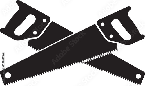 Two crossed black hand saws with sharp teeth and wooden handles on a white background