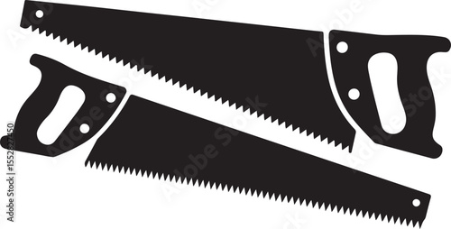 Black silhouette of two hand saws and a handle on a white background