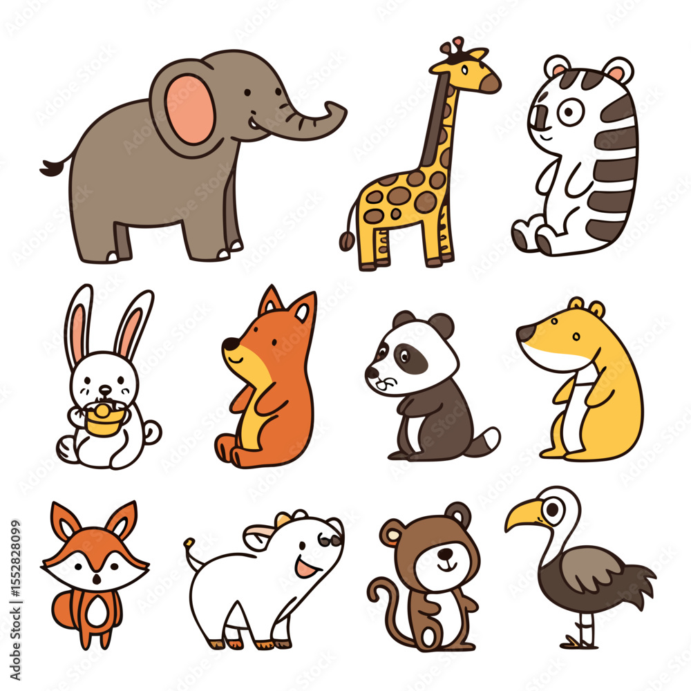 Naklejka premium Cartoon Animal Icons – Cute Vector Style Pack | Animal Icon Set – Adorable Cartoon Creatures Vector | Flat Cartoon Animals – Icon Collection for Kids and Apps