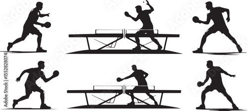 Silhouettes of athletes playing table tennis in various dynamic poses