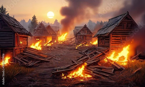 Destruction unfolds as flames consume village at sunset, revealing chaos and despair