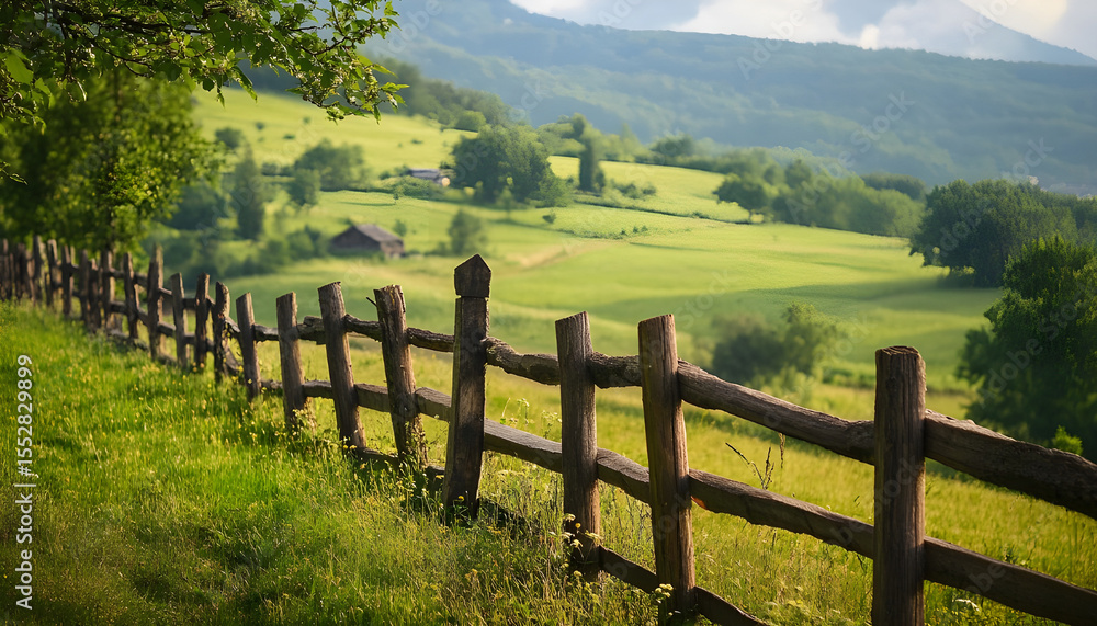 Fototapeta premium Wooden fence in green landscape.