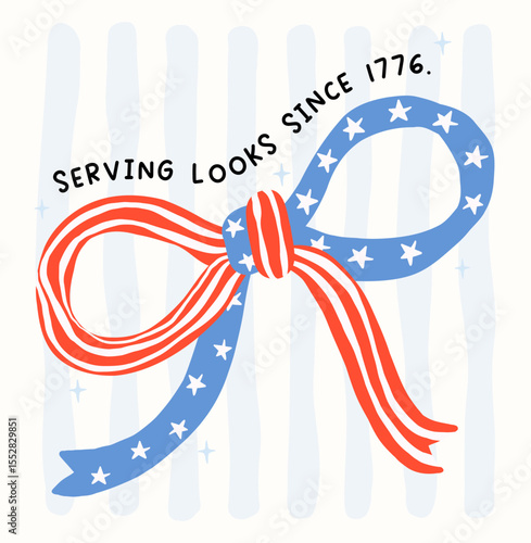 Cute coquette 4th of july america ribbon bow in hand drawn doodle for shirt, appeal printable