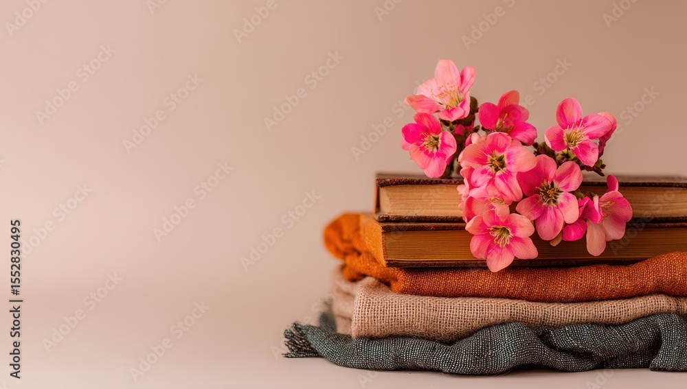 Fototapeta premium Stacked books and fabrics, pink blossoms