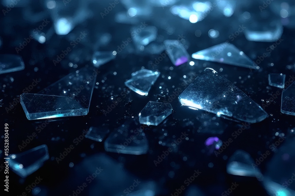 Scattered Blue Glass Shards on Dark Reflective Base Scattered Blue Glass Shards on Dark Reflective Base
