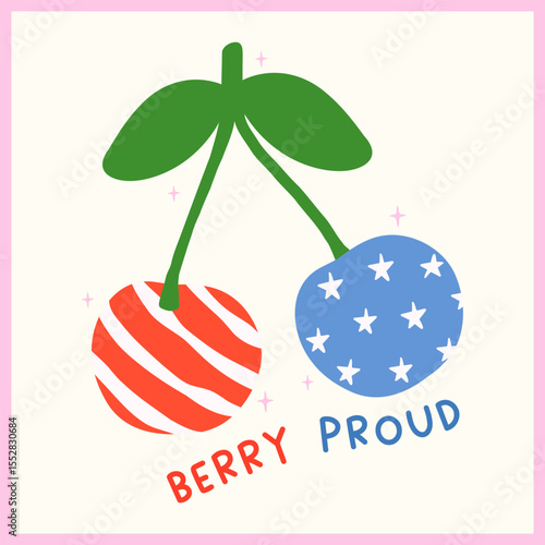 cute retro america cherries with pun text berry proud for 4th of july sublimation, t shirt design, greeting cards or patriotic summer