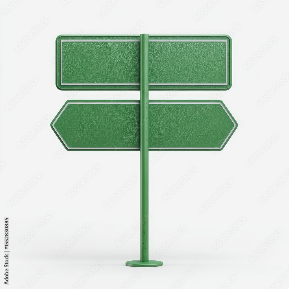 Obraz premium A green, double-sided street sign with rectangular and arrow-shaped panels, mounted on a slender pole with a circular base against a white background