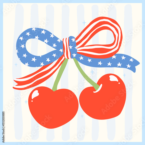 cute retro coquette 4th of july cherries with america ribbon bow in red white and blue hand drawn for patriotic design, shirt or card sublimation