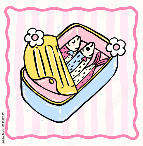 Cute pastel sardines in can Coquette fisherman style whimsical hand drawn doodle set for t shirt sublimation, stickers and wall art