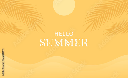 Yellow summer tropical background with tropical palm leaves. Minimal summer creative flat design. Vector illustration