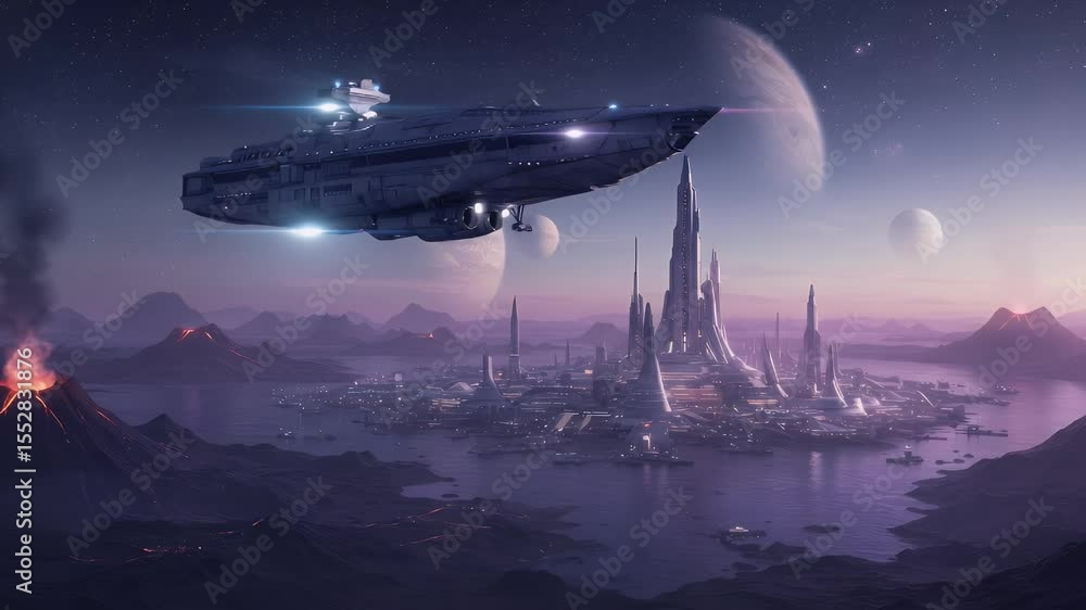Futuristic city on a volcanic planet with a spaceship in the starry sky Futuristic city on a volcanic planet with a spaceship in the starry sky