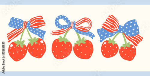 Retro Coquette 4th of July Strawberry Clipart Set.  Cute Kawaii USA Berries with American Bow,Hand Drawn Doodle