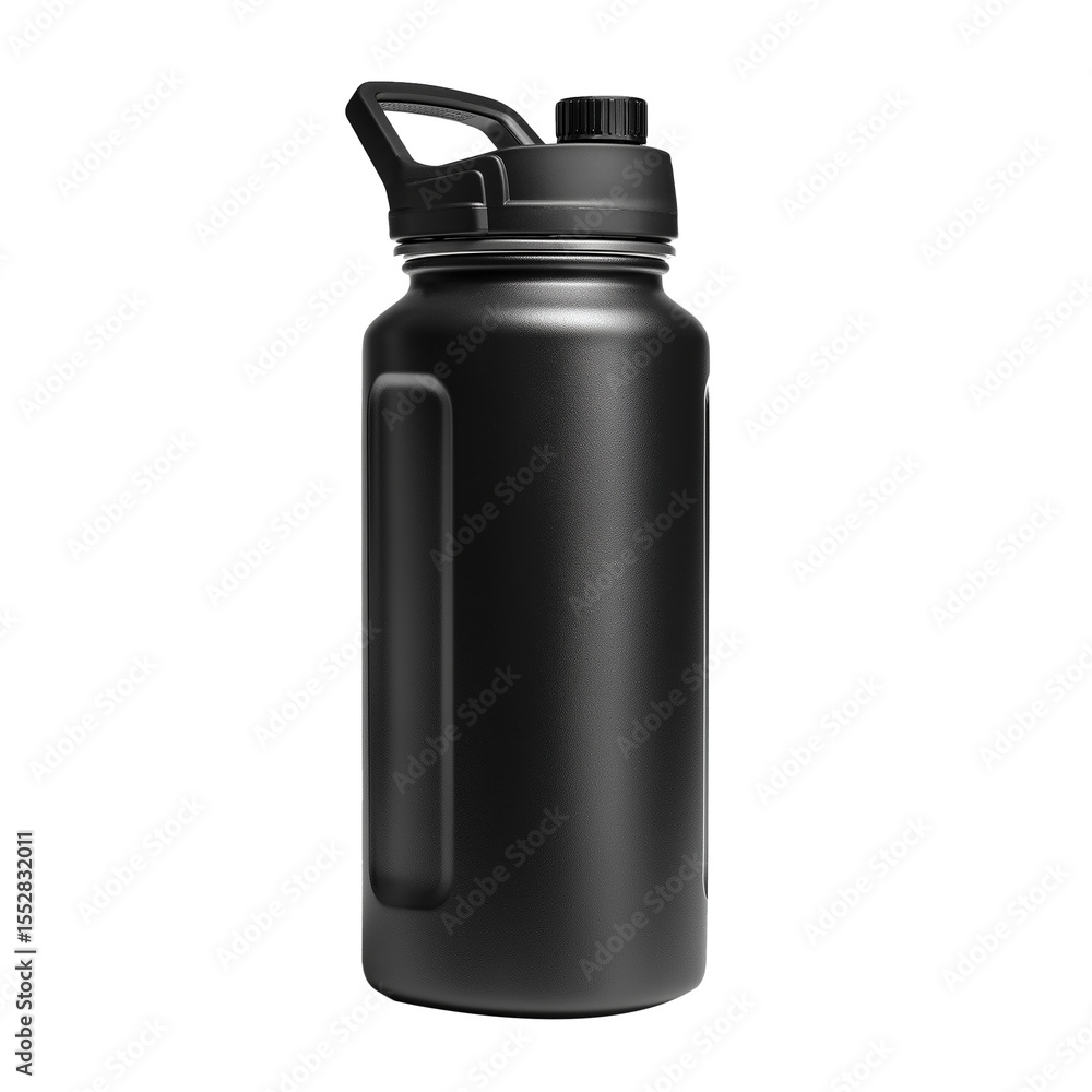 Simple black large - capacity sports water bottle with handle, PNG transparent background, outdoor gear material Simple black large - capacity sports water bottle with handle, PNG transparent background, outdoor gear material