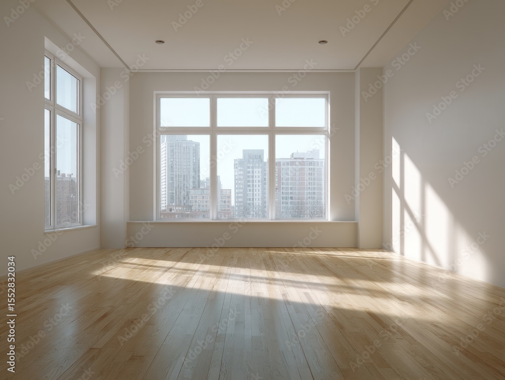 Obraz premium Sunlit empty room with hardwood floors, large windows offering a city view, and white walls