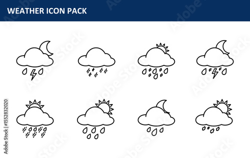 Weather icon pack showcasing various weather conditions. Simple line art icons display rain, snow, sun, moon, and thunder, providing a visual representation of different weather types.