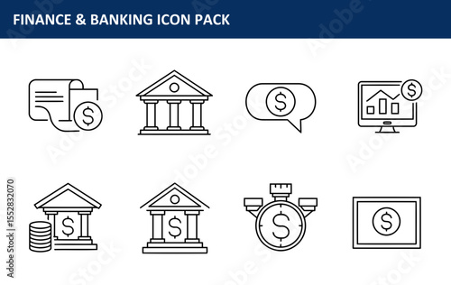 The finance and banking icon pack offers a set of simple, line art icons in a clean and modern design, perfect for websites, apps, or marketing collateral to convey financial concepts.