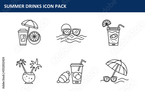 Summer drinks icon pack featuring various beverages and beach-related elements in a simple, line art style.