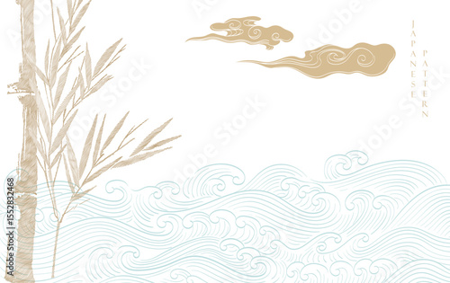Japanese background with line ocean sea and bamboo leaf pattern vector. Abstract template with geometric wave pattern. Cloud layout design in oriental style