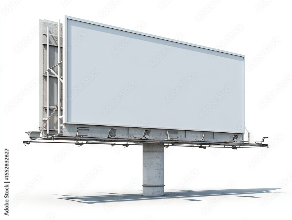 Obraz premium A large, blank billboard on a grey metal frame with a concrete support, isolated on a white background, casting a slight shadow