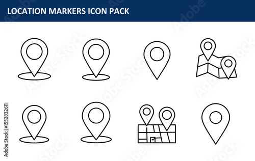 Location Markers Icon Pack with multiple location pin icons and map graphics in a simple, clean design. Collection of location markers with various views in a generic location.