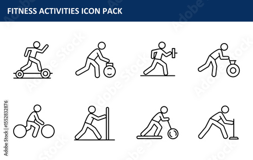 Fitness activities icon pack depicting various exercise routines. Active individuals in casual wear engaged in different fitness activities.