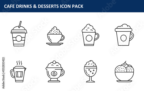 Cafe drinks and desserts icon pack. Simple line art illustrations of cafe drinks and desserts in various styles.