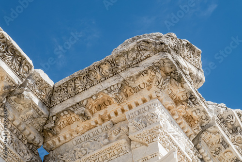 Elaborate Corinthian cornice and stone column remains of ancient Roman Nymphaeum of Antoninus Pius in Sagalassos