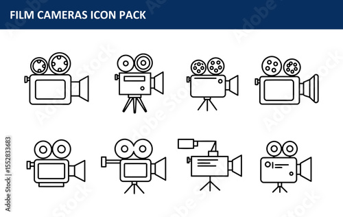 Film cameras icon pack. Simple, black and white line drawings of various film cameras in a set of six icons.