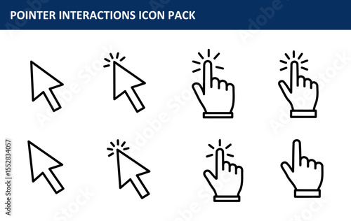 The Pointer Interactions Icon Pack with a set of user interface graphics displaying various pointer actions is presented in a set of simple, clean, and easily recognizable graphics for websites.