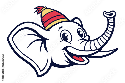 Charming smiling elephant cartoon head wearing a striped yellow and red fez looks cheerful