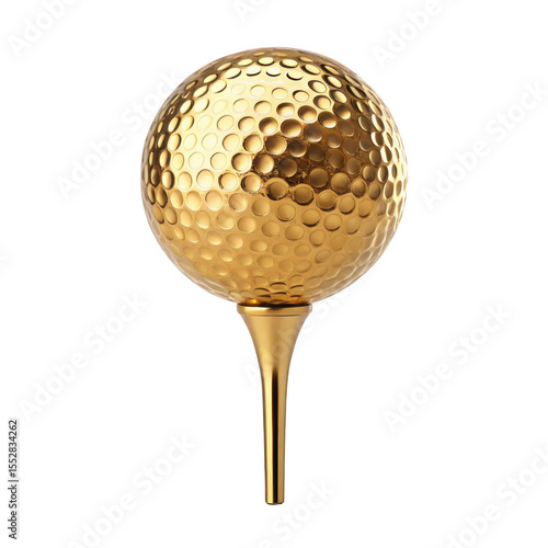 Golden golf ball on tee isolated on transparent background