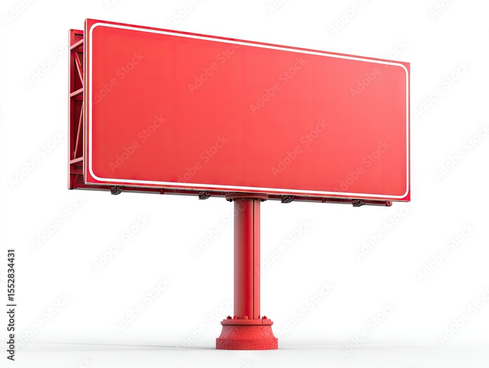 Fototapeta premium A large, blank, red billboard on a red pole, isolated on a white background. The billboard has a white border