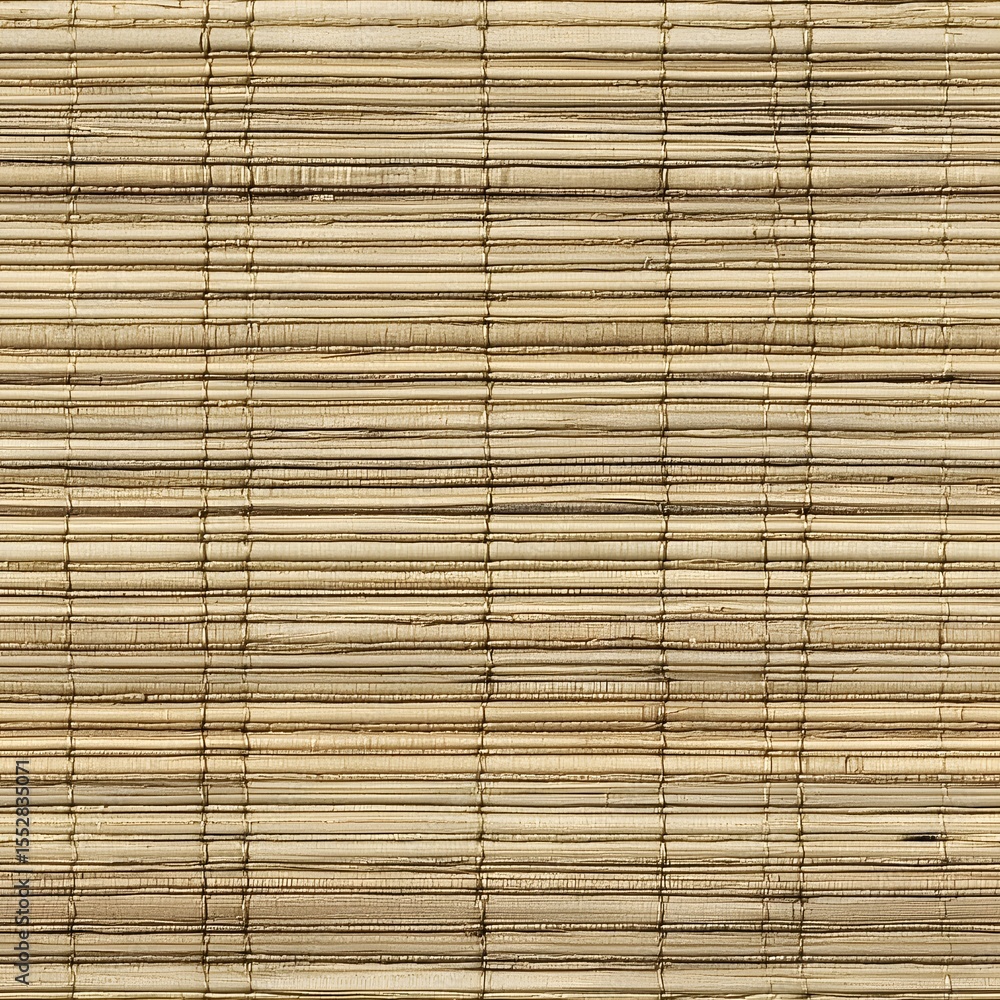 Close up of natural woven bamboo mat with horizontal lines creates rustic texture in beige and brown tones. Close up of natural woven bamboo mat with horizontal lines creates rustic texture in beige and brown tones.