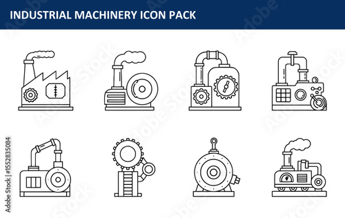 Industrial machinery icon pack showcasing various factory equipment in a simple, line art style. Collection of diverse machine designs with industrial settings.