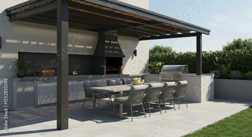 Modern outdoor kitchen with dining area and grill under pergola  