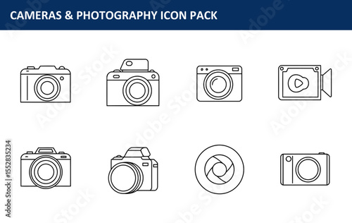 Line art collection of cameras and a video camera. Simple outline graphics of various photography equipment.