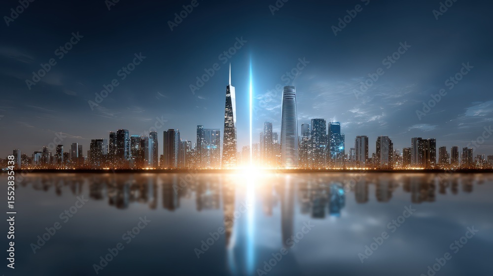 Fototapeta premium A city skyline with a tall building in the middle