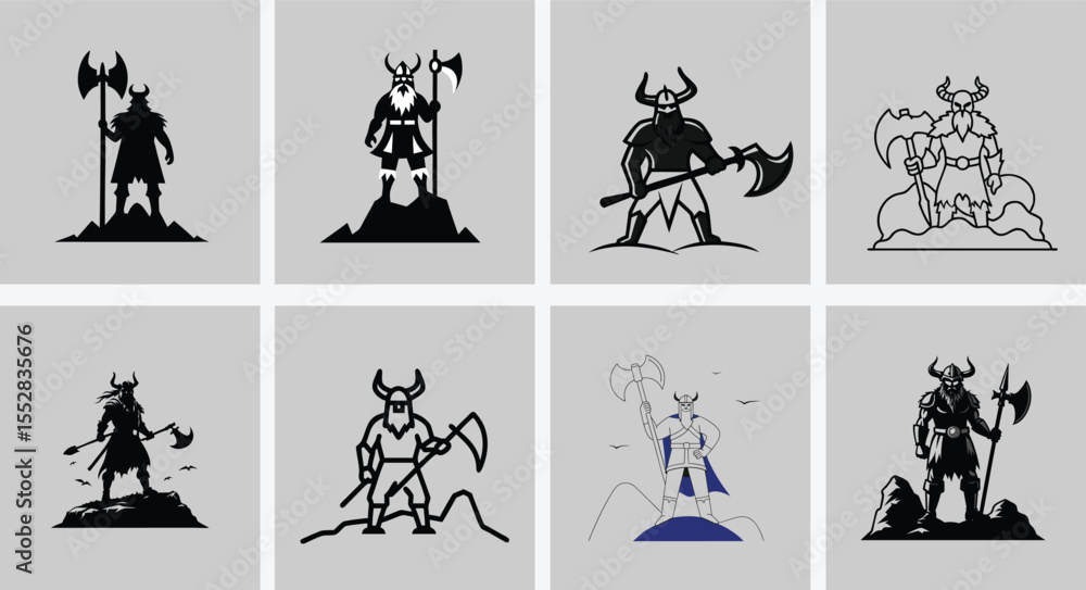 Naklejka premium Bold Silhouette of Viking Warrior Holding Axe Nordic Warrior Art Illustration