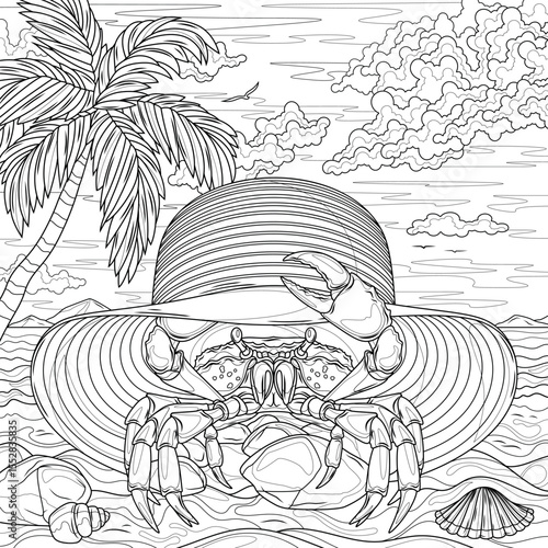 Crab under a hat on the beach near a palm tree.Coloring book antistress for children and adults. 