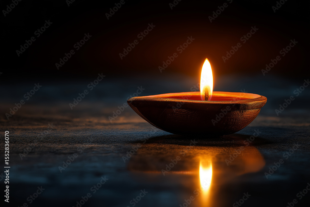 Close-up of single glowing Diwali diya on reflective surface at night Close-up of single glowing Diwali diya on reflective surface at night