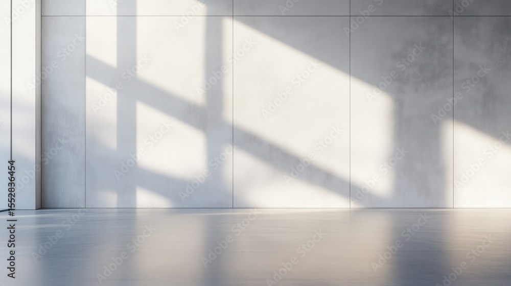 Obraz premium Empty room with textured concrete walls and sunlight illuminating the gray floor and walls