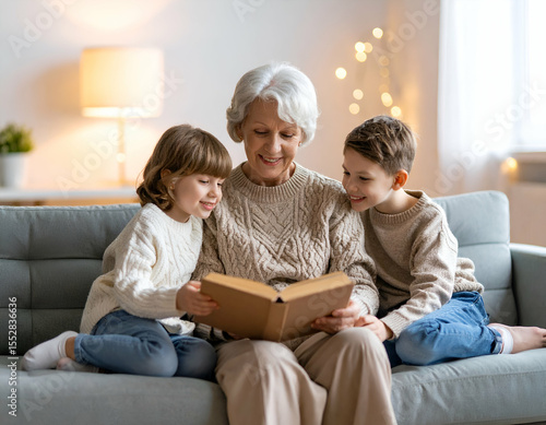 grandma and kids sitting on sofa with open book, indoor light, cozy home