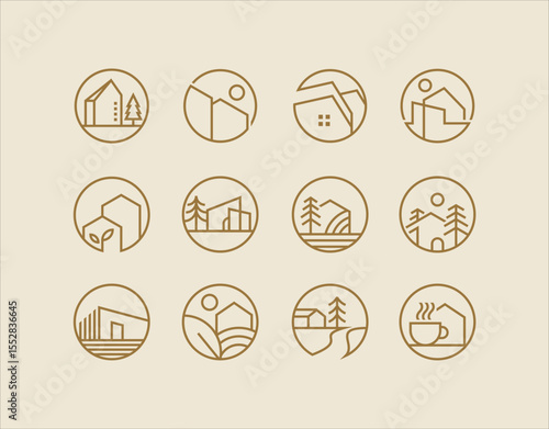 minimalist set of natural house symbols line art logo vector
