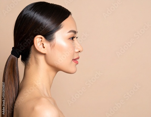 Side profile of an Asian woman with sleek ponytail, light makeup, and glowing skin. Right side empty with copy space. High-end beauty editorial look.
