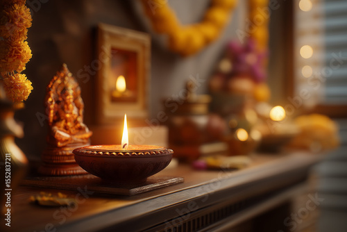 Clay diya glowing on wooden mandir shelf with framed idol and marigold garland in home pooja room