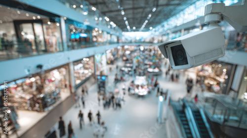 CCTV camera overlooking indoor shopping mall with blurred background crowd for security systems marketing and retail monitoring visuals