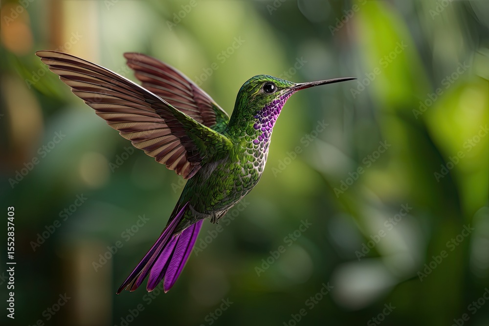 Naklejka premium Vibrant hummingbird in flight, showcasing iridescent green and purple plumage