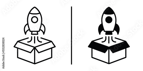 Unboxing Launch: Depicting a modern, minimalist style, two variations of a rocket taking off from an unboxed shape. A visual representation of innovation, technology and concept with a sleek design. 